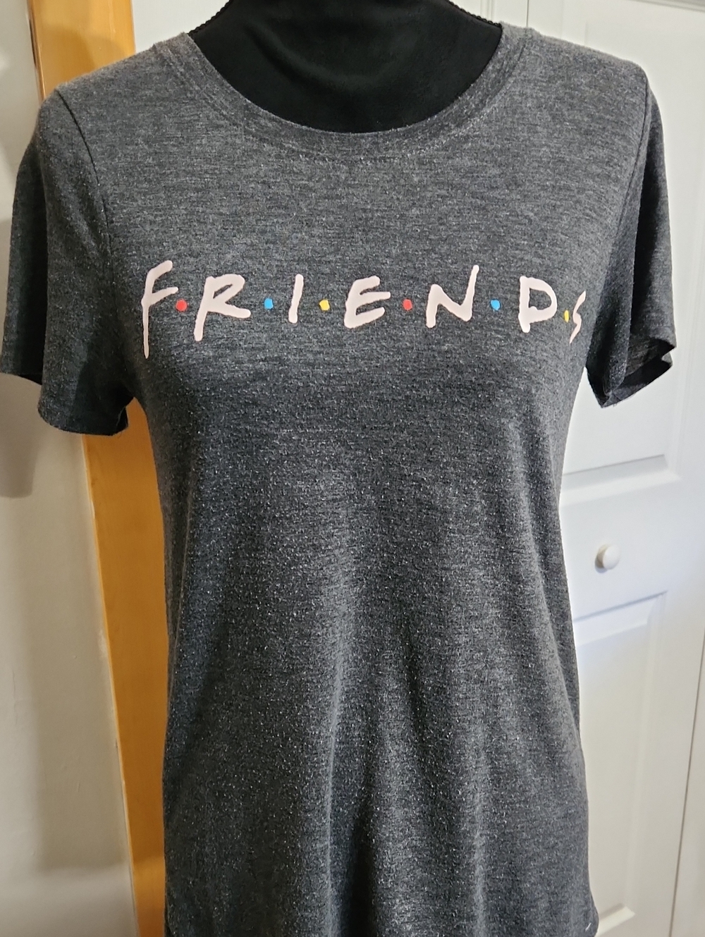 FRIENDS Charcoal Gray Short Sleeve Logo Tee with Multicolor Dots